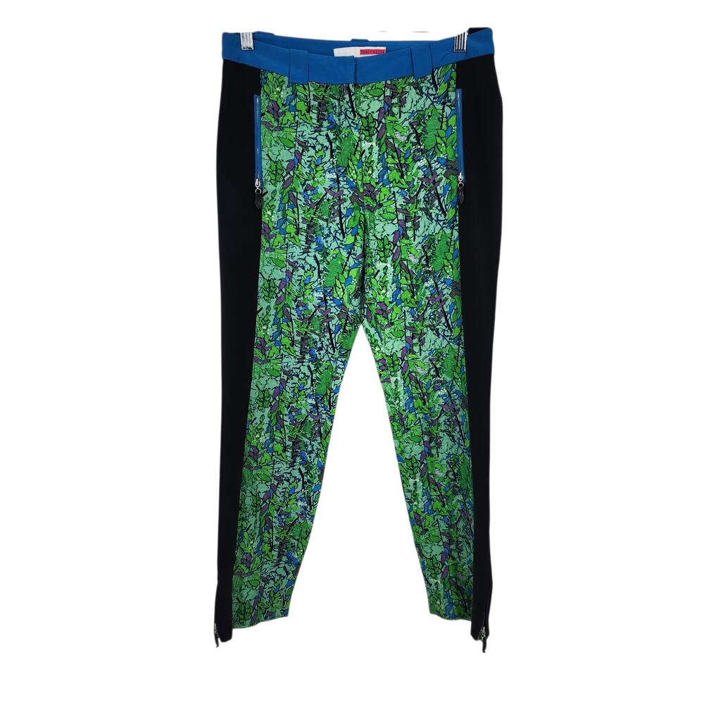 Tracy Reese Green Botanical Print Side Stripe Skinny Crop Ankle Zip Pants Size 6